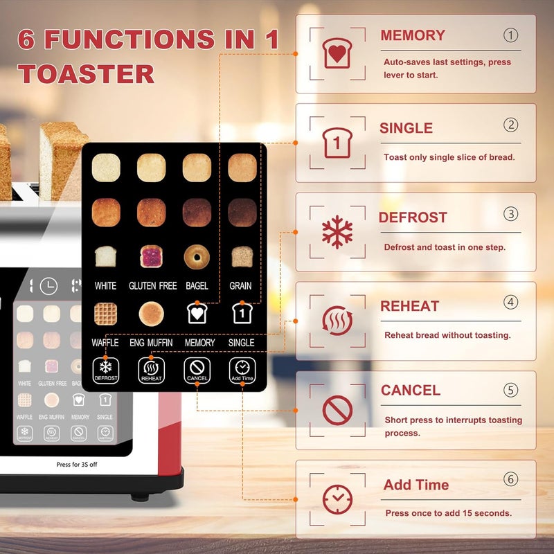 Clixane 4 Slice Toaster Touch Screen, Stainless Steel Toasters Digital Timer, Dual Control Panel Toasters, 8 Shade Settings 6 Bread Types for Bagel, Cancel, Defrost 1650W Red - Image 3